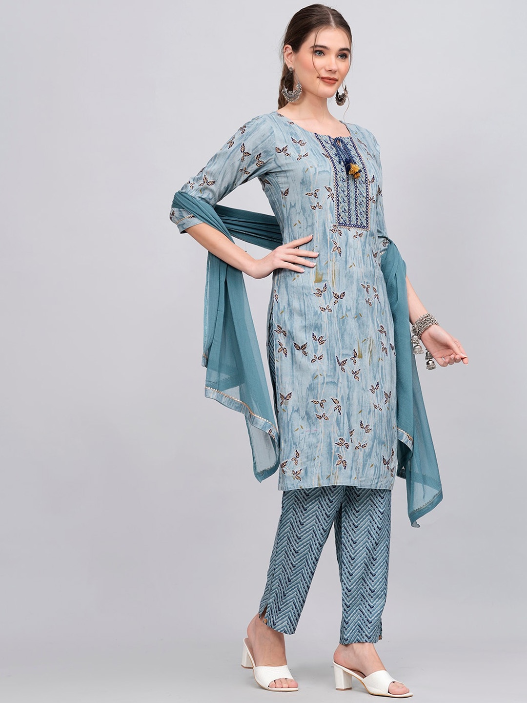 

KALINI Floral Printed Mirror Work Kurta & Trousers With Dupatta, Blue