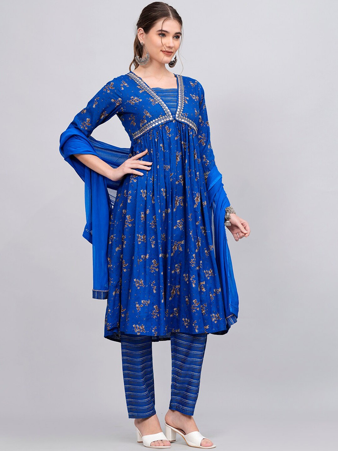 

KALINI Floral Printed Mirror Work Kurta & Trousers With Dupatta, Blue