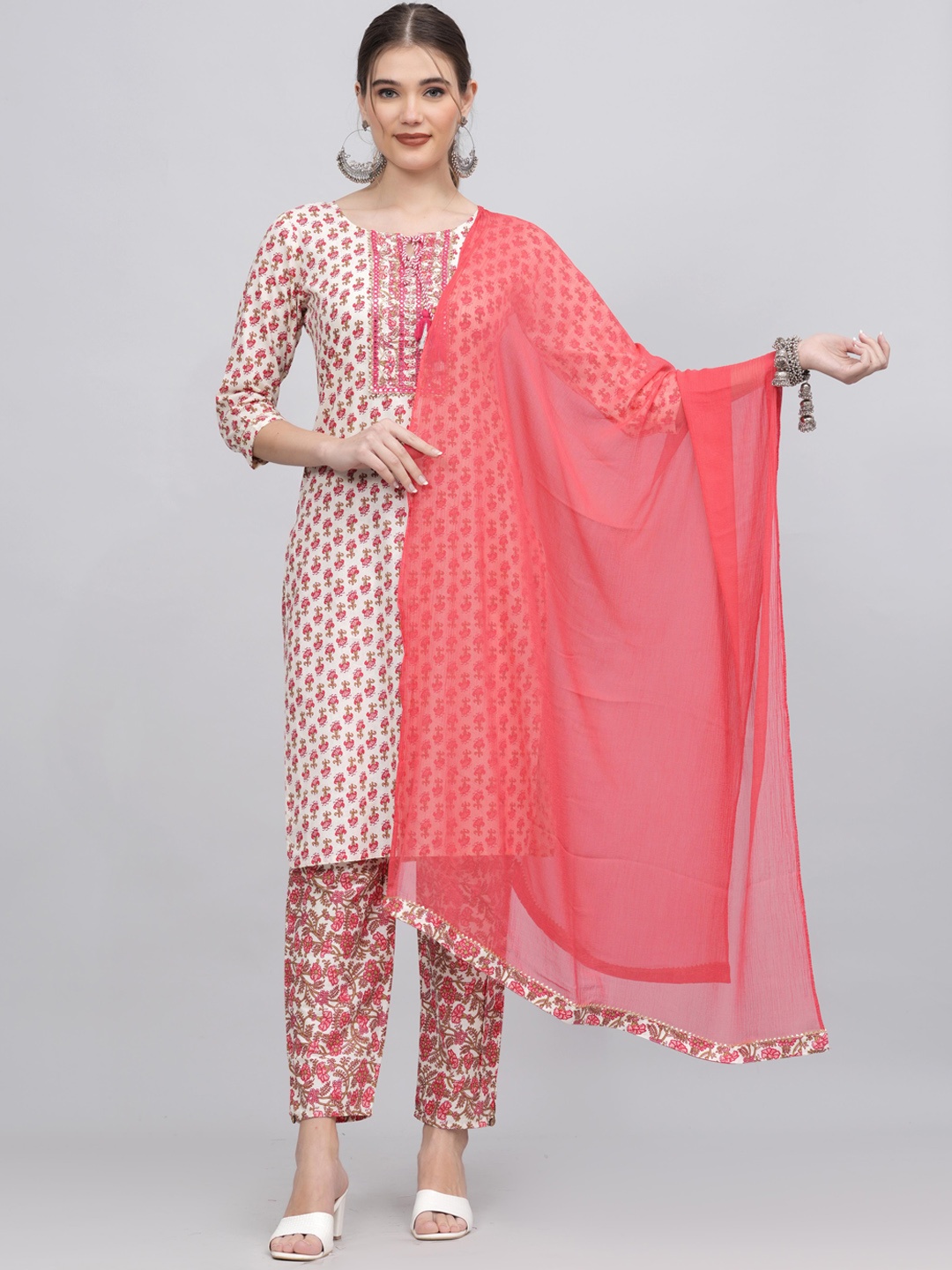 

KALINI Floral Printed Mirror Work Pure Cotton Kurta & Trousers With Dupatta, Pink