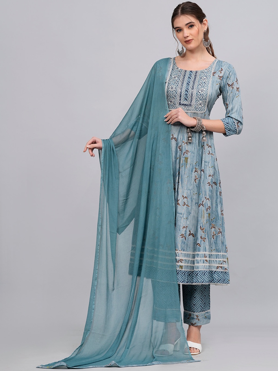 

KALINI Floral Printed Mirror Work Kurta & Trousers With Dupatta, Navy blue