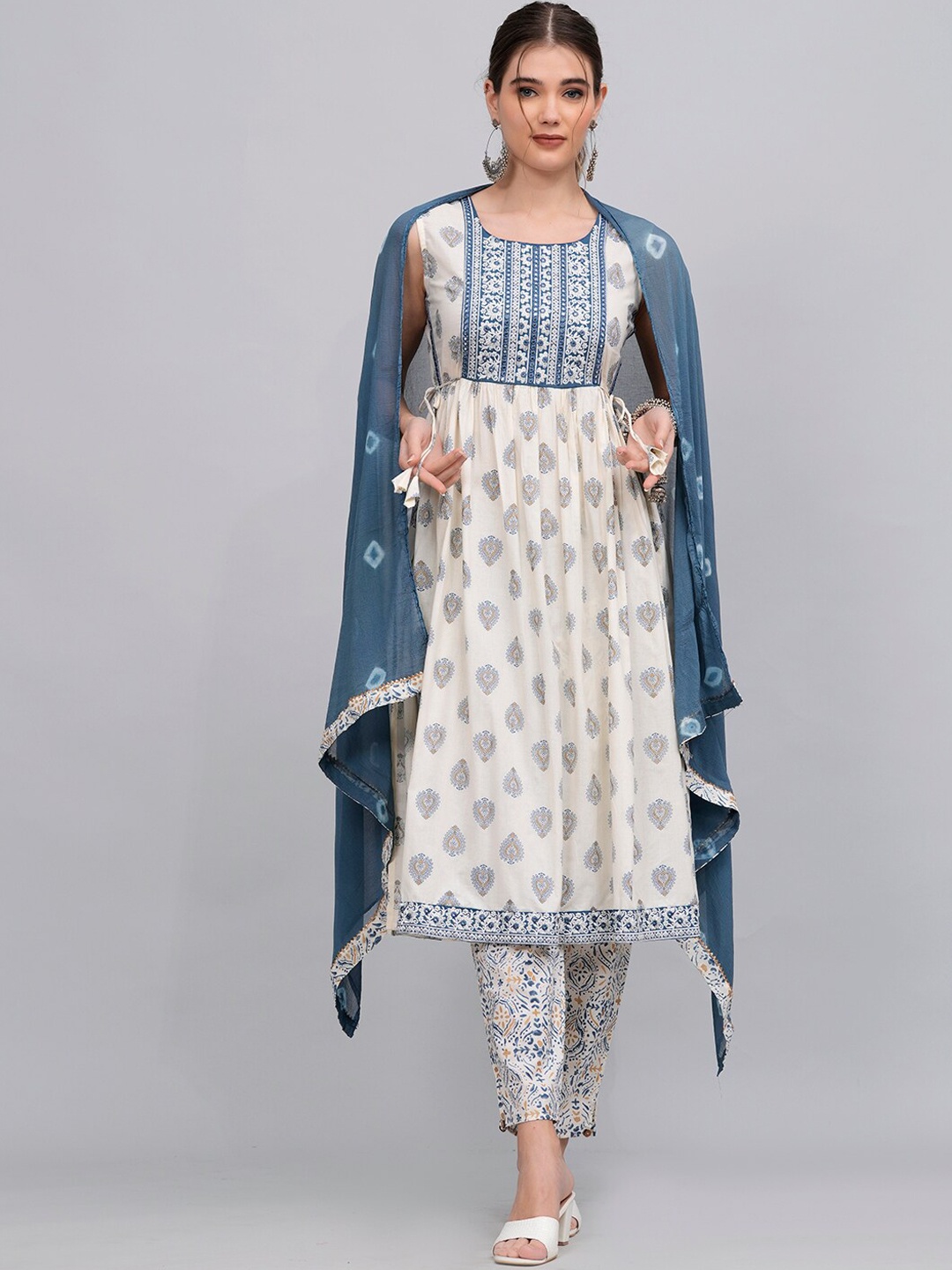 

KALINI Floral Printed Mirror Work Pure Cotton Kurta & Trousers With Dupatta, Blue