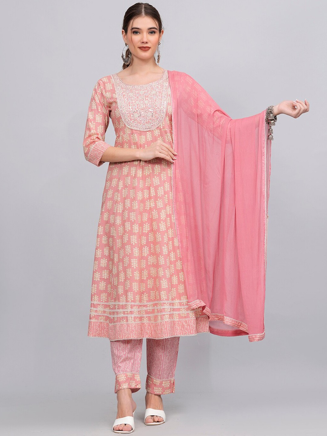 

KALINI Ethnic Motifs Printed Sequined Pure Cotton Kurta & Trousers With Dupatta, Pink