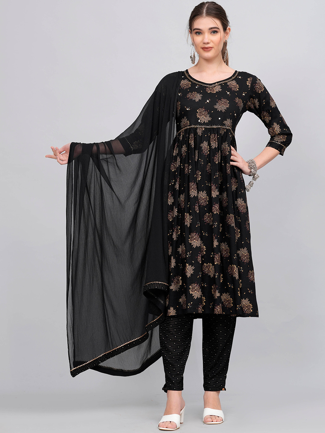 

KALINI Floral Printed Mirror Work Kurta & Trousers With Dupatta, Black