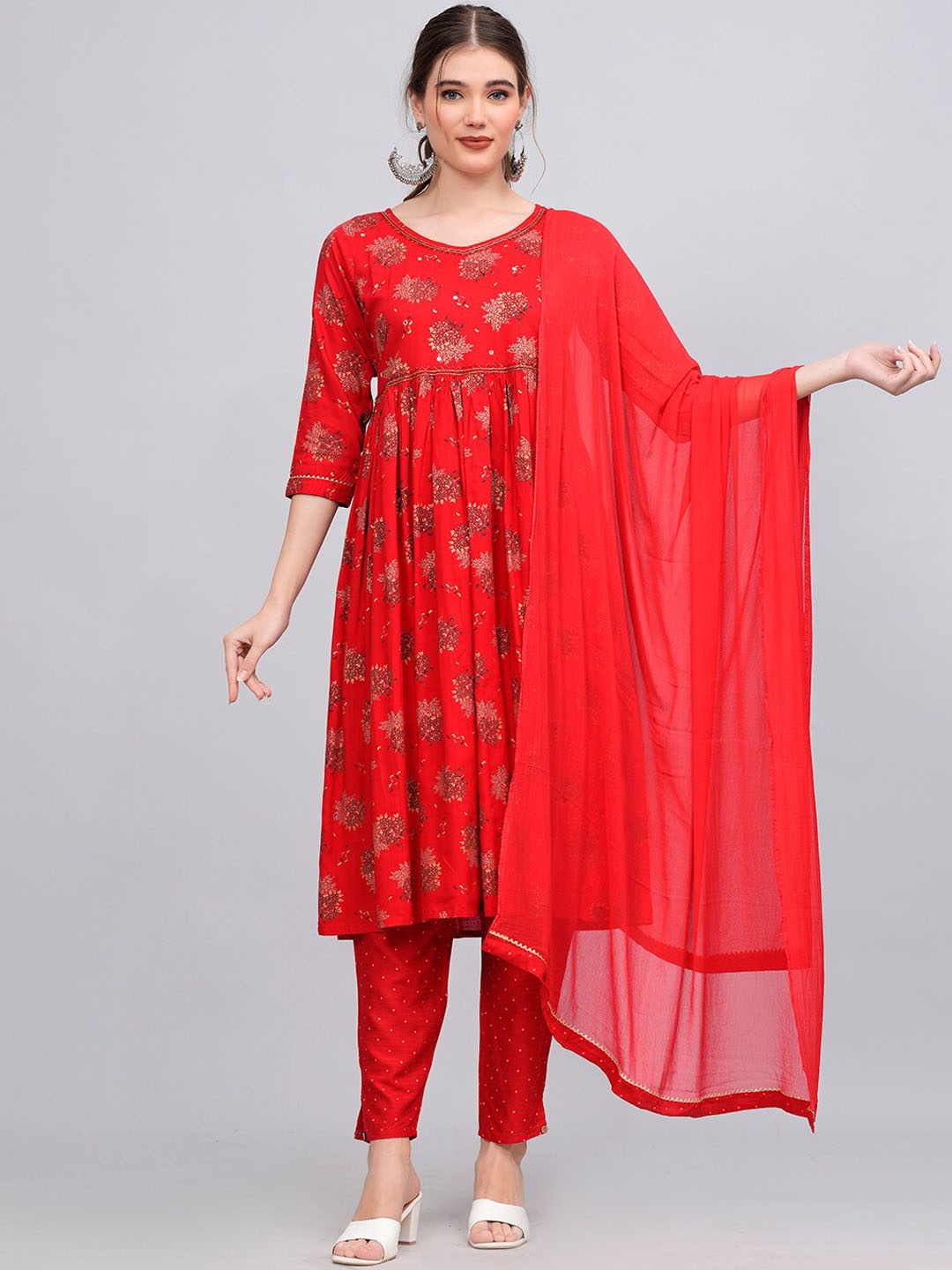 

KALINI Women Beads and Stones Floral Printed Anarkali Empire Kurta With Salwar & Dupatta, Red