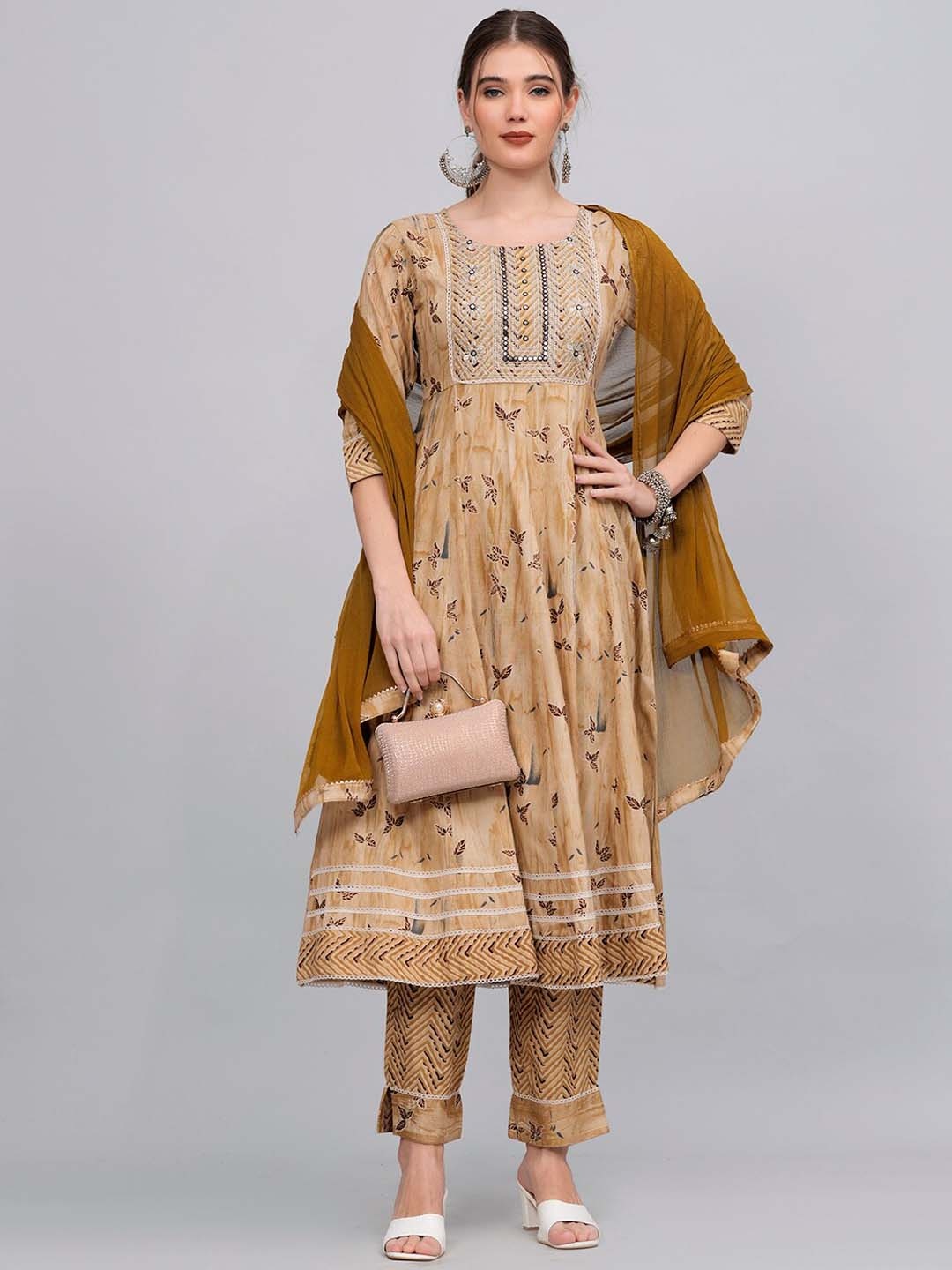 

KALINI Floral Printed Mirror Work Kurta & Trousers With Dupatta, Brown