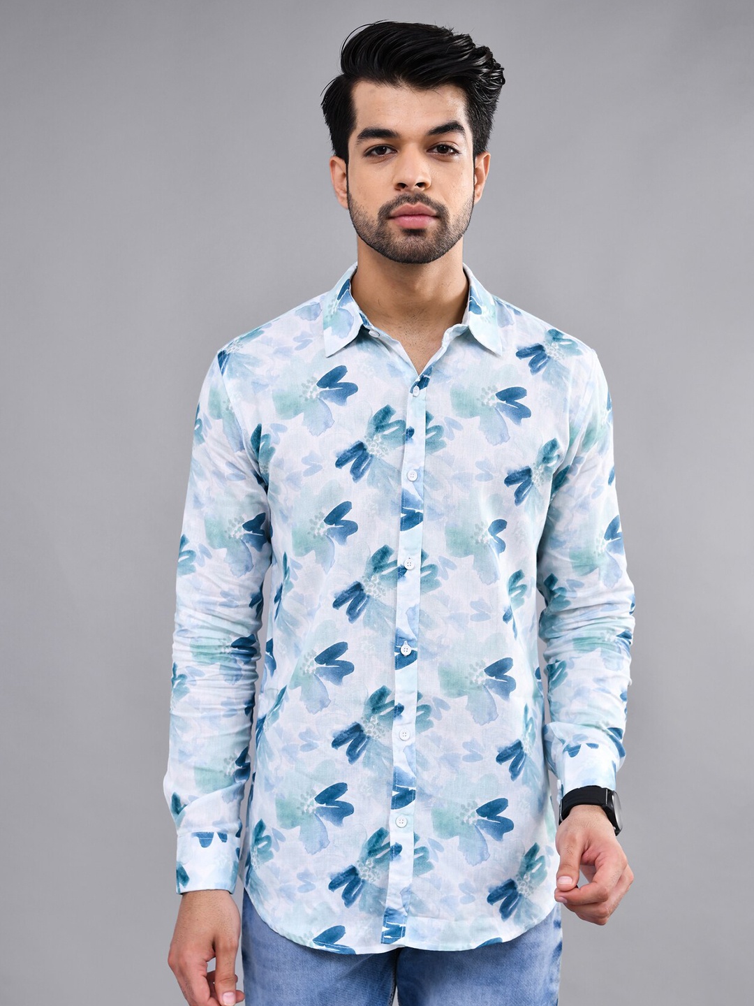 

DEZANO Slim Fit Floral Printed Opaque Linen Casual Shirt, Blue