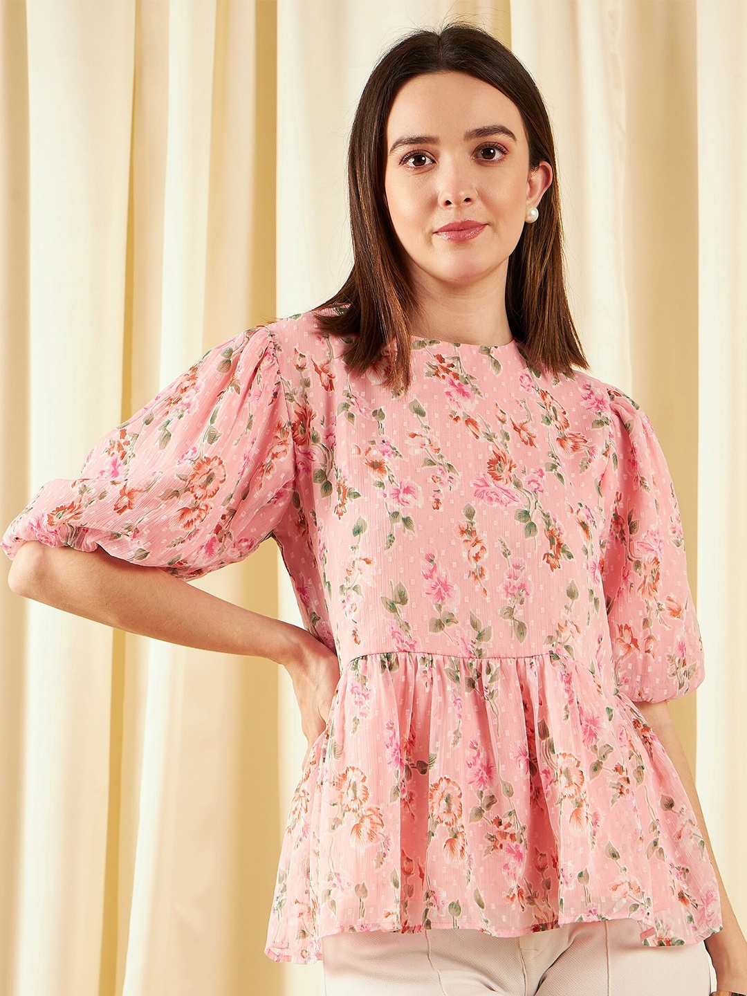 Marie Claire Peach Floral Print Puff Sleeve Georgette Peplum Top