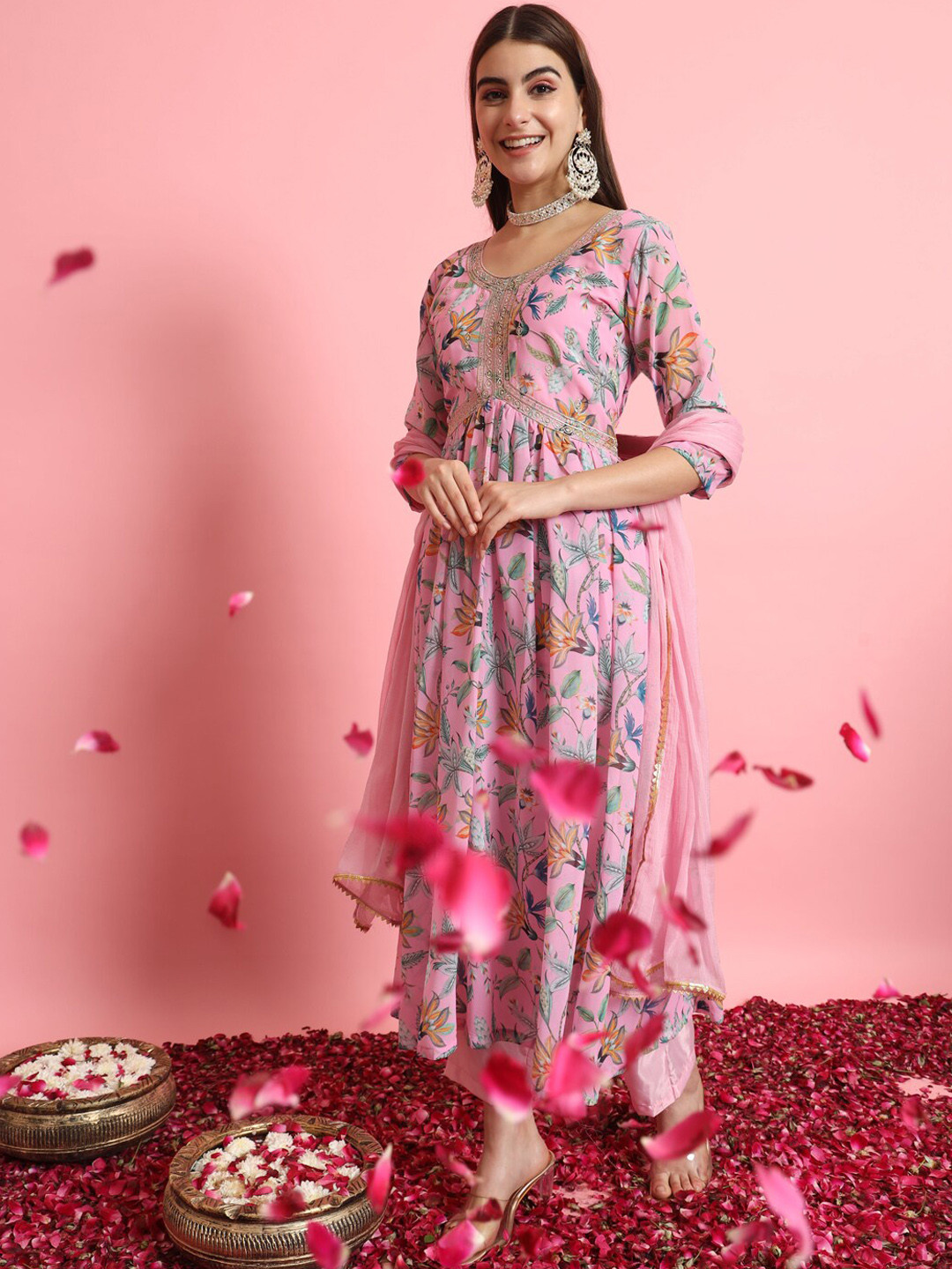 

VredeVogel Floral Printed Alia Cut Thread Work Georgette Kurta With Trousers & Dupatta, Pink