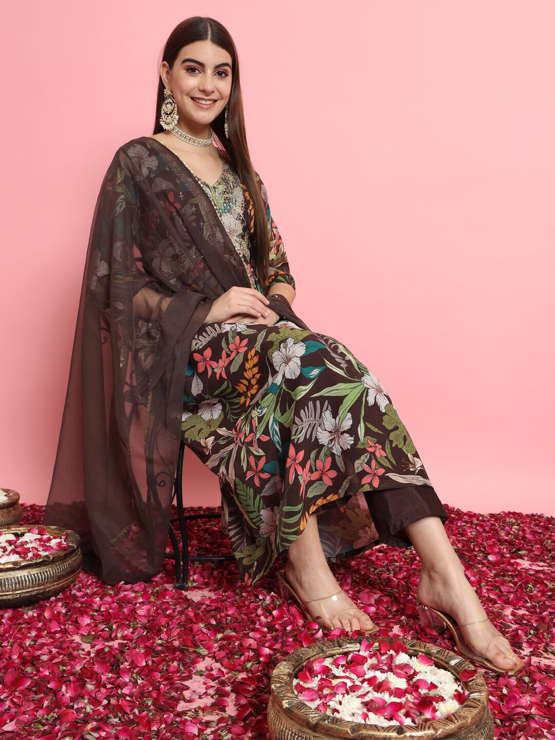 

VredeVogel Floral Printed Alia Cut Thread Work Georgette Kurta With Trousers & Dupatta, Coffee brown