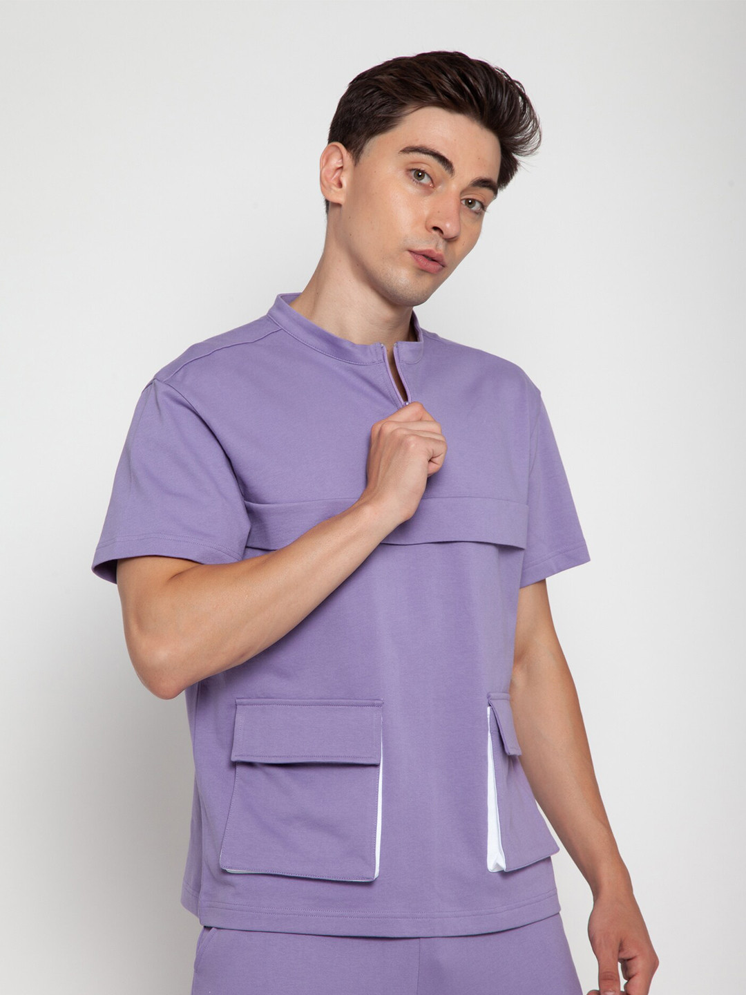 

CAVA Men Henley Neck Pure Cotton Oversized Detail T-shirt, Purple