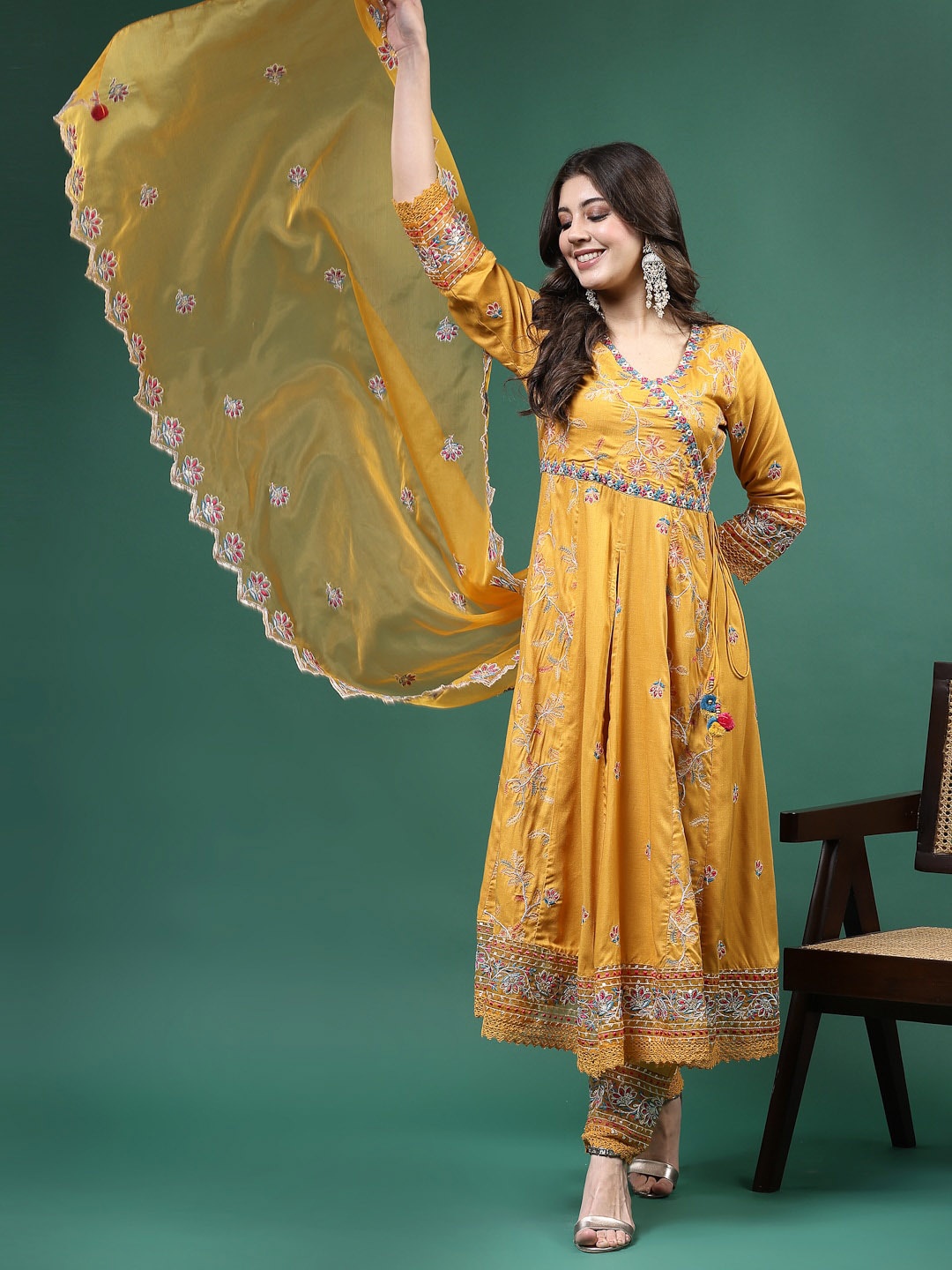 

Sangria Embroidered Angrakha Kurta With Trousers & Dupatta, Mustard