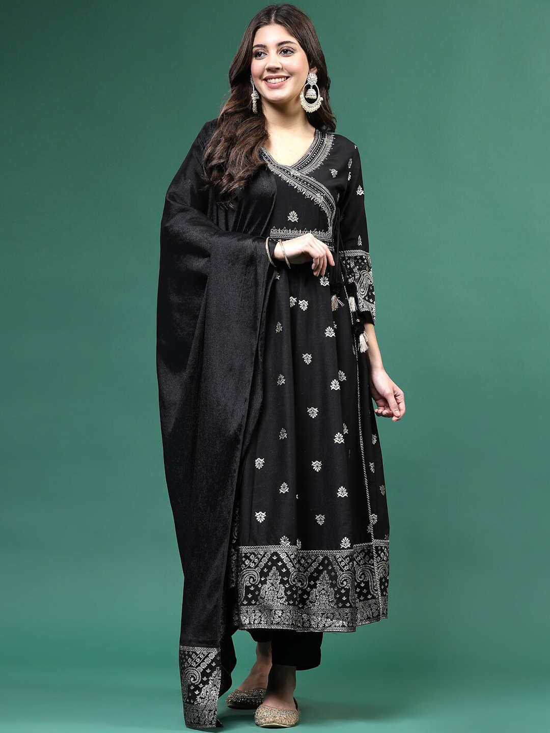 

Sangria Black Ethnic Motifs Embroidered Angrakha Kurta with Trousers & Dupatta