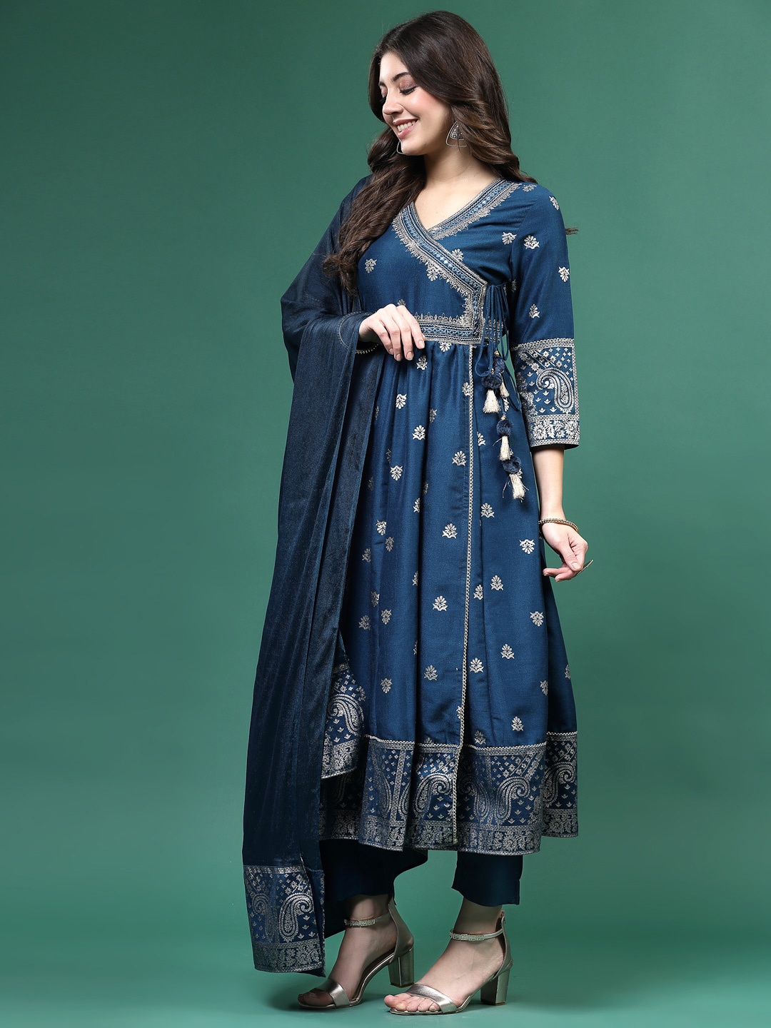 

Sangria Black Ethnic Motifs Embroidered Angrakha Kurta with Trousers & Dupatta, Blue