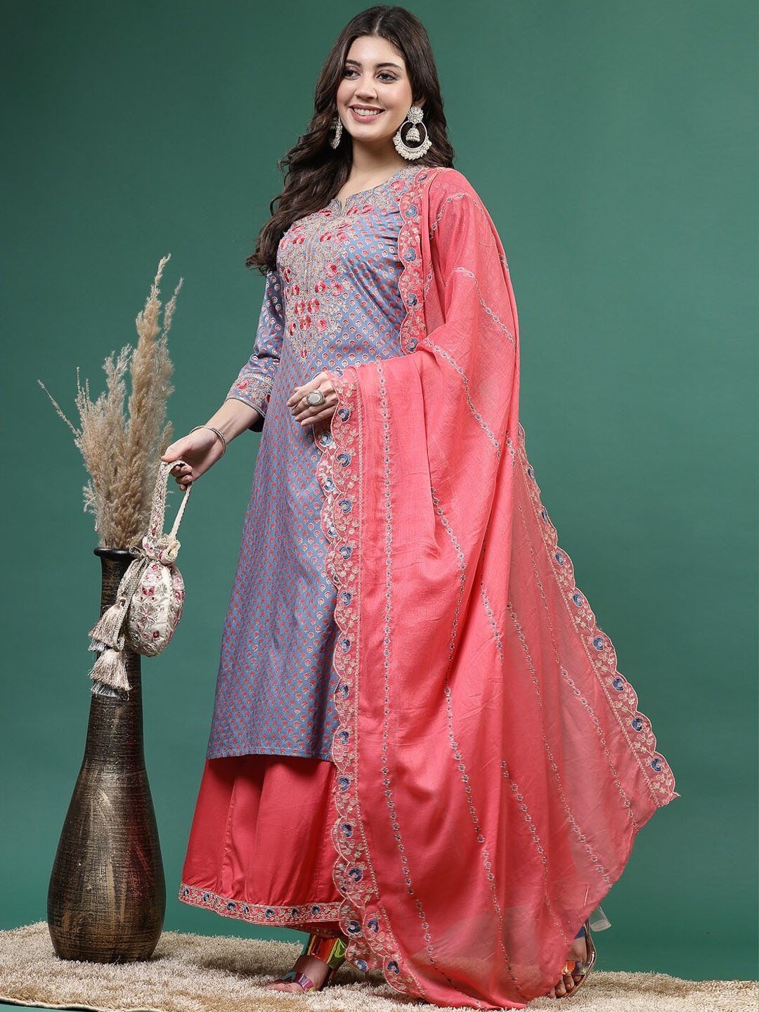 

Sangria Grey Floral Embroidered Sequinned Kurta with Palazzos & With Dupatta