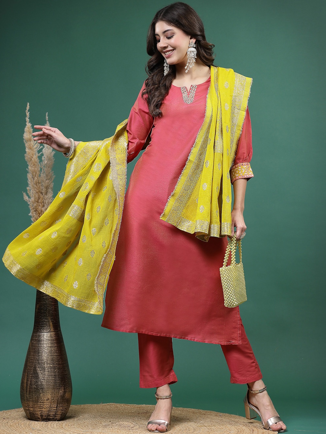 

Sangria Peach-Coloured Mirror Work Kurta with Trousers & With Dupatta