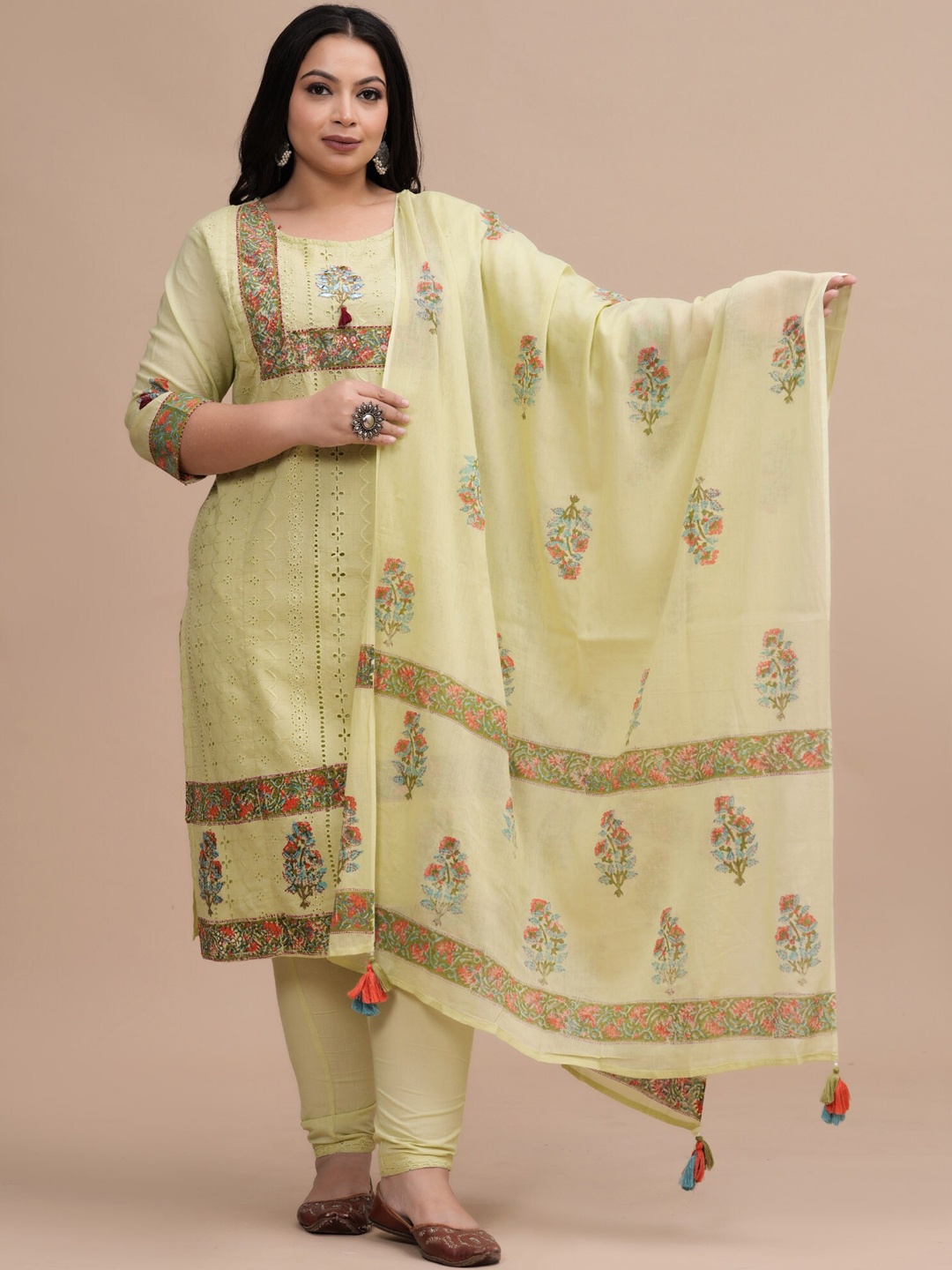 

BAESD Ethnic Motifs Printed Regular Mirror Work Pure Cotton Kurta With Trousers & Dupatta, Green