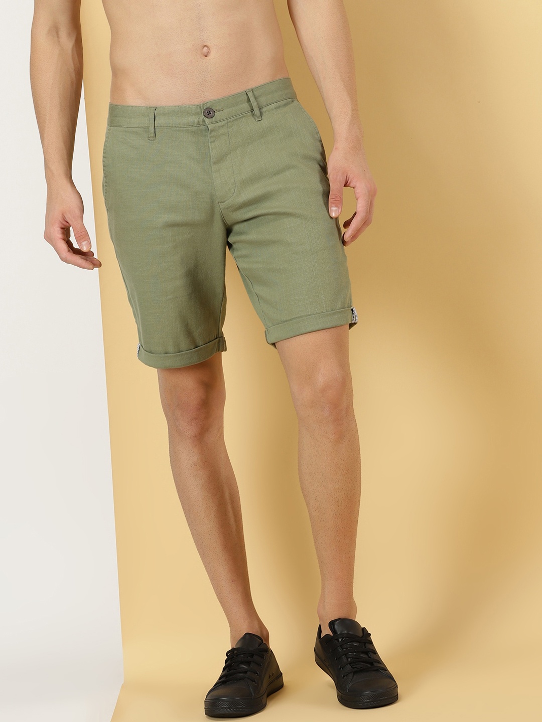 

Thomas Scott Men Linen Cotton Slim Fit Shorts, Olive