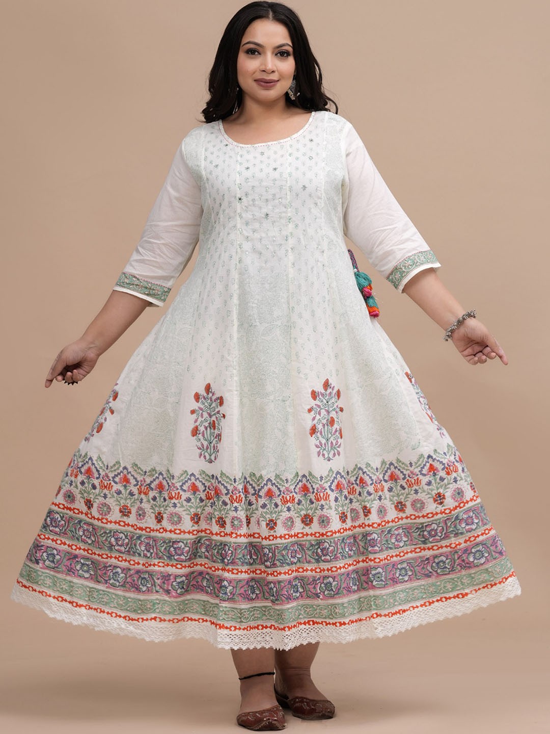 

BAESD Plus Size Ethnic Motifs Printed Sequinned Pastels Round Neck Kurta, White