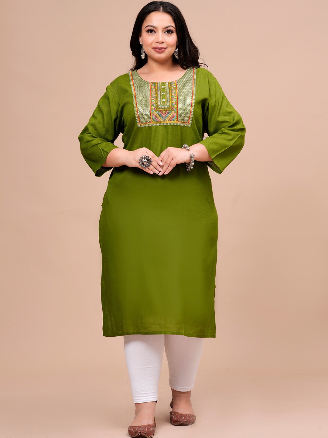 

BAESD Plus Size Sequinned Round Neck A-Line Kurta, Olive