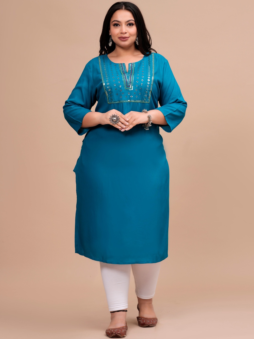 

BAESD Plus Size Sequinned Round Neck Kurta, Turquoise blue