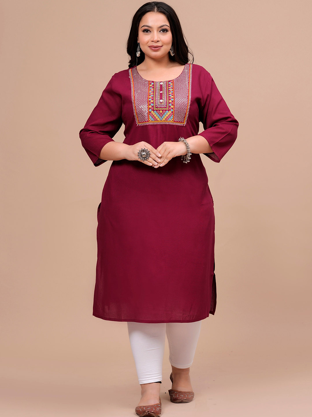 

BAESD Plus Size Ethnic Motifs Thread Work Round Neck Kurta, Maroon