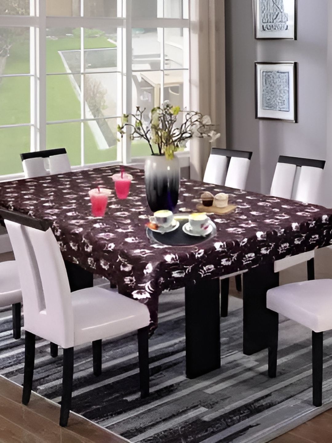 

CASA-NEST brown & White Floral Printed 8 Seater Table Cover