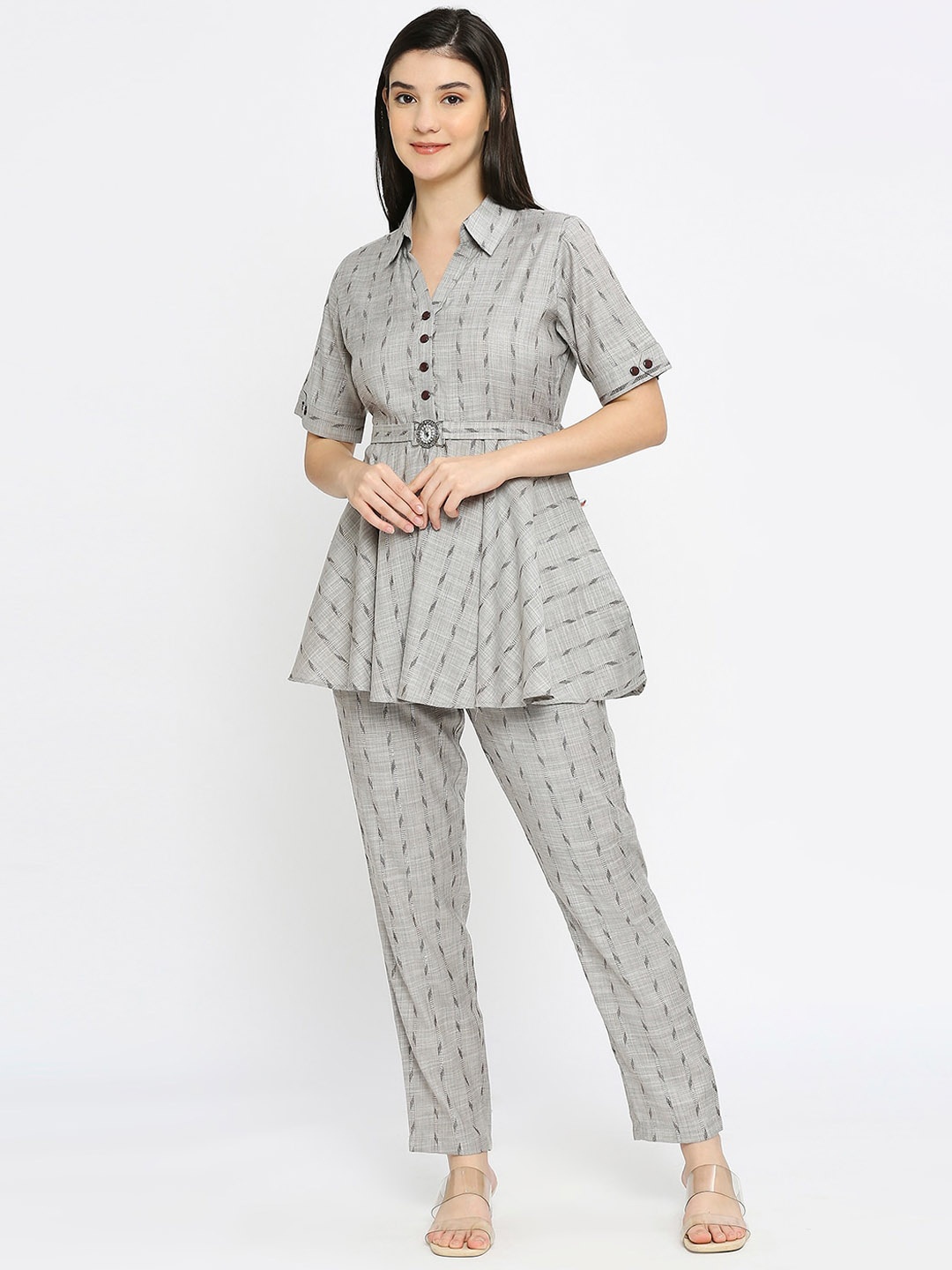 

True Shape Printed Shirt Collar Neck Top & Flared Trouser Co-Ords, Grey