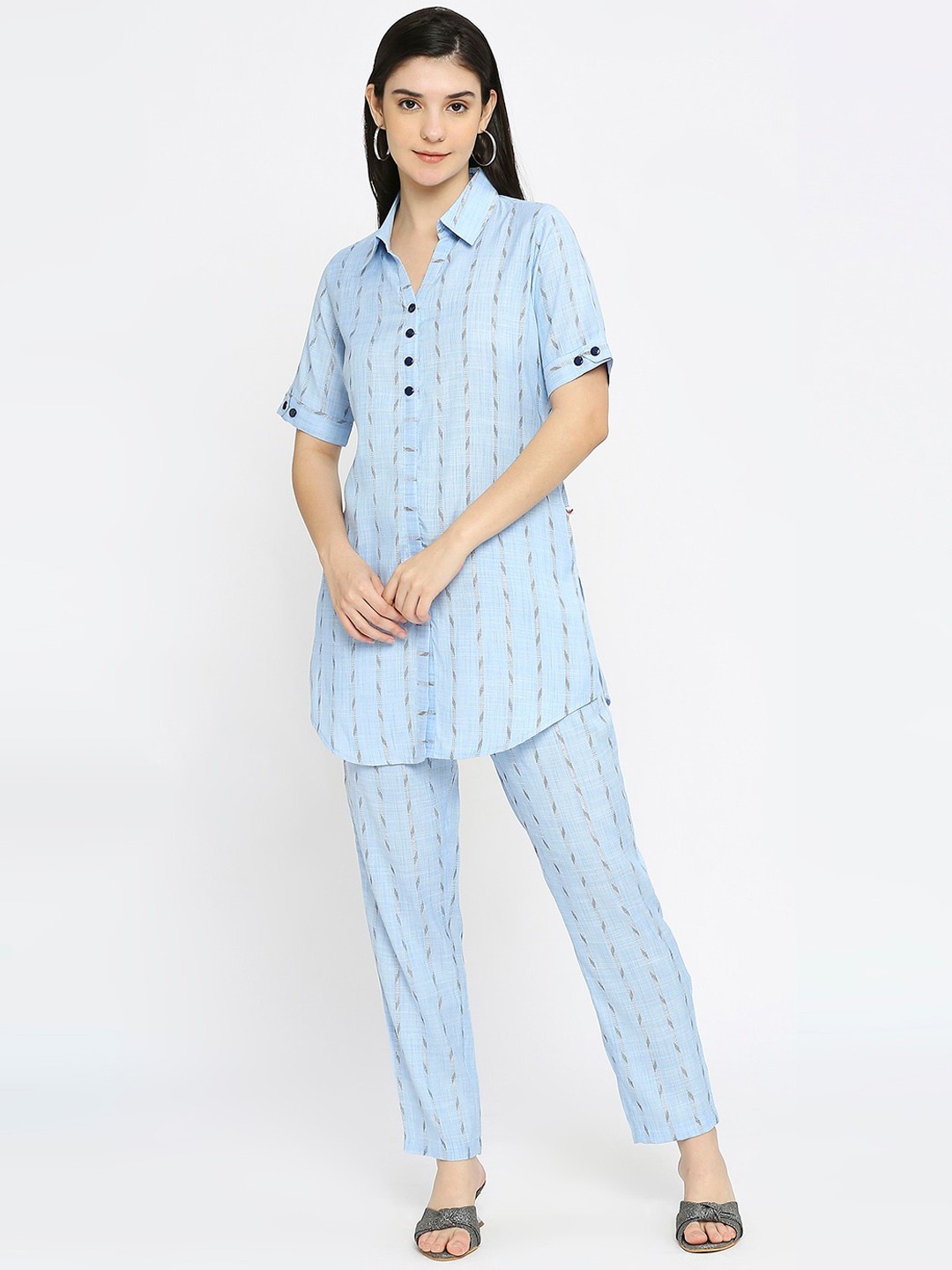 

True Shape Striped Shirt Collar Tunic With Trousers, Blue