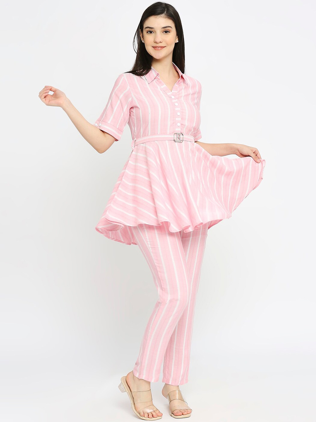 

True Shape Striped Shirt-Collar Top With Trouser, Pink