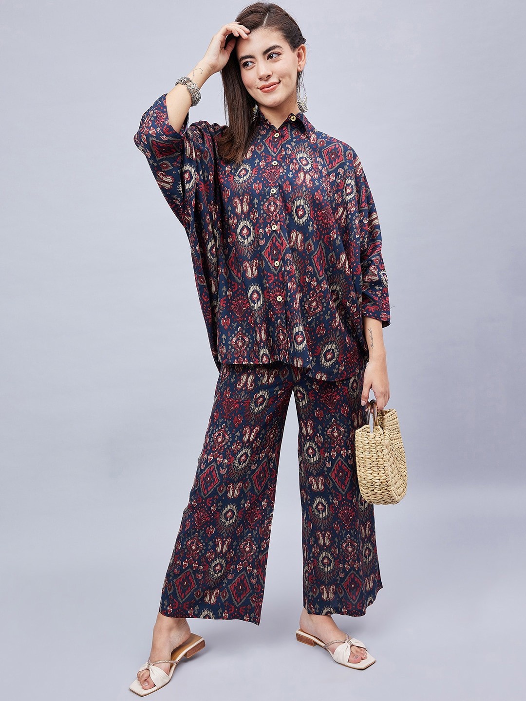 

WineRed Printed Shirt With Palazzo, Navy blue