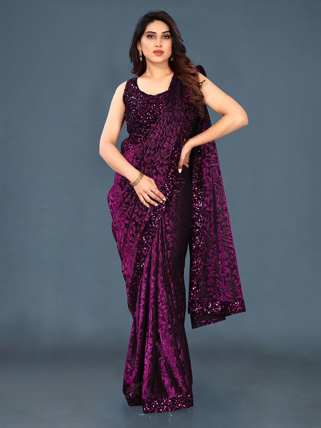 

Ashiya Fab Floral Woven Design Sequinned Saree, Pink