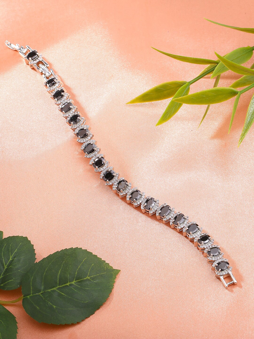 

Estele Brass Cubic Zirconia Rhodium-Plated Link Bracelet, Silver