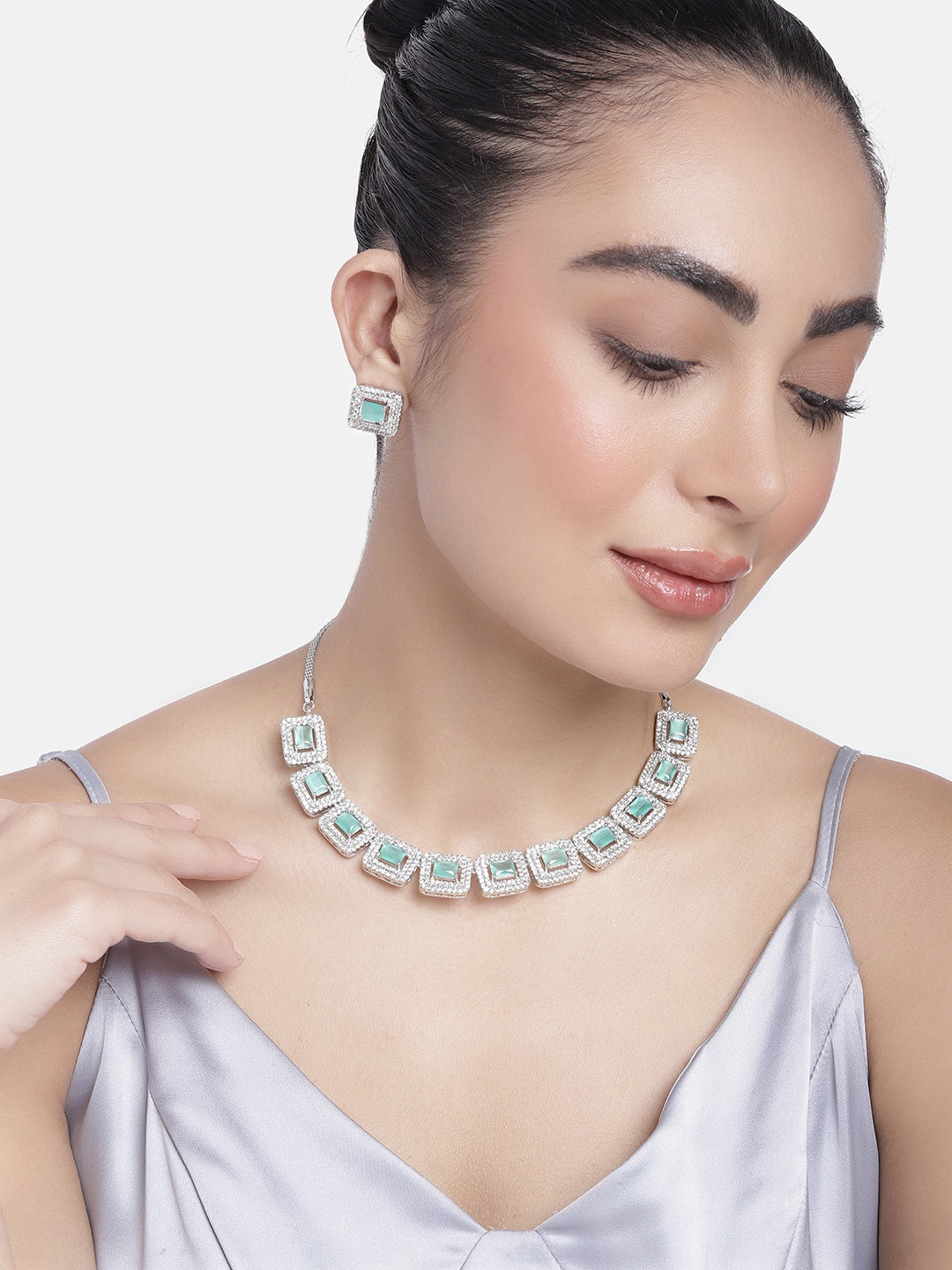 

Estele Rhodium-Plated Cubic Zirconia Studded Jewellery Set, Silver