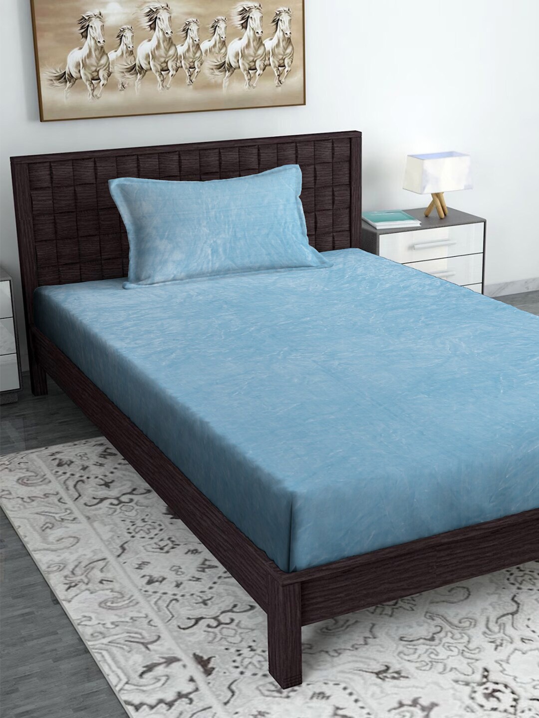 

SOKNACK Turquoise Blue 300 TC Single Bedsheet with 1 Pillow Cover