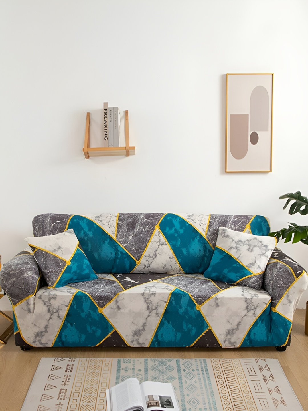 

Lukzer Colorful Marble Design 3 Seater Sofa Cover, Blue