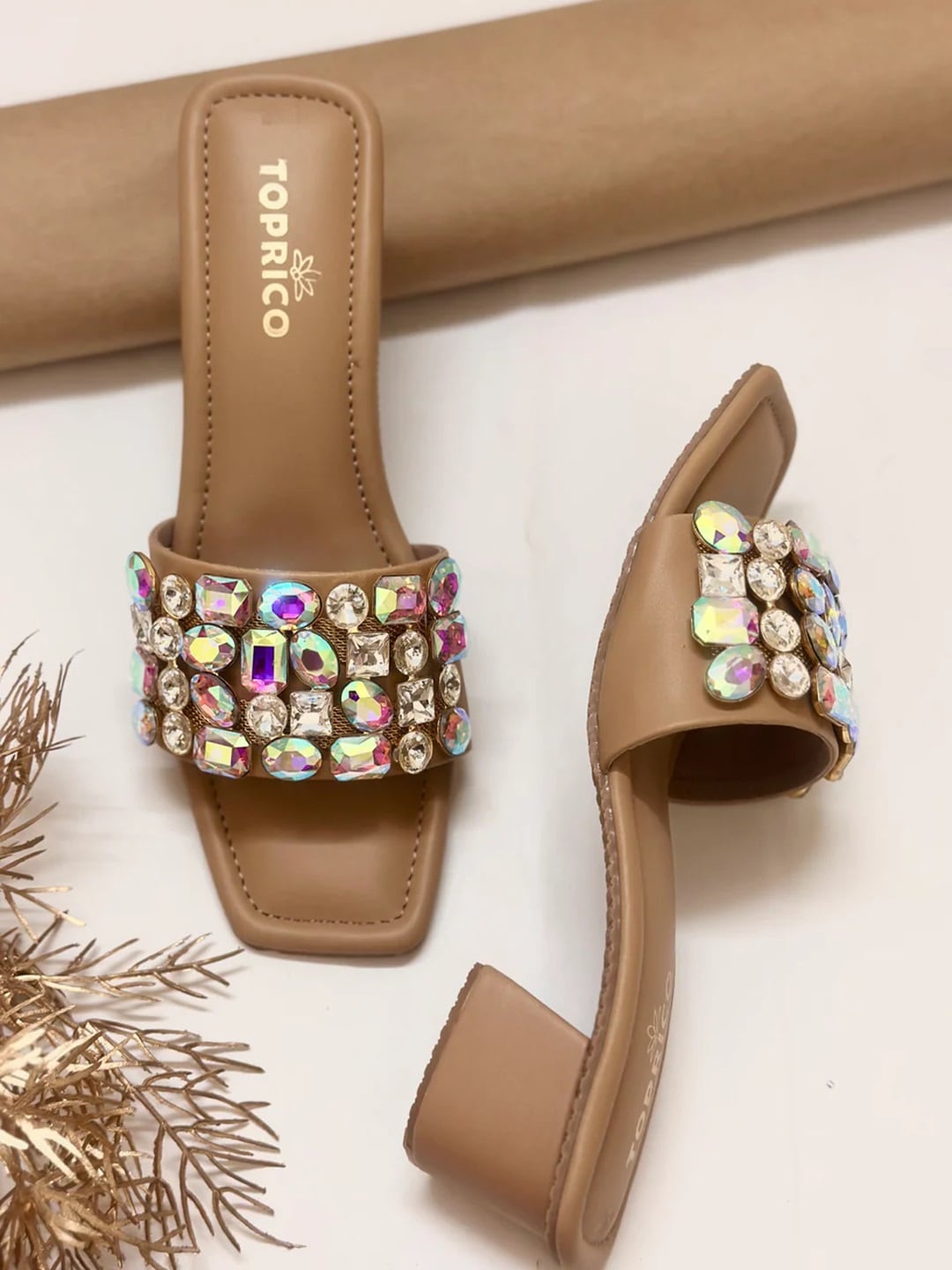 

TOPRICO Embellished Open Toe Block Heels, Tan