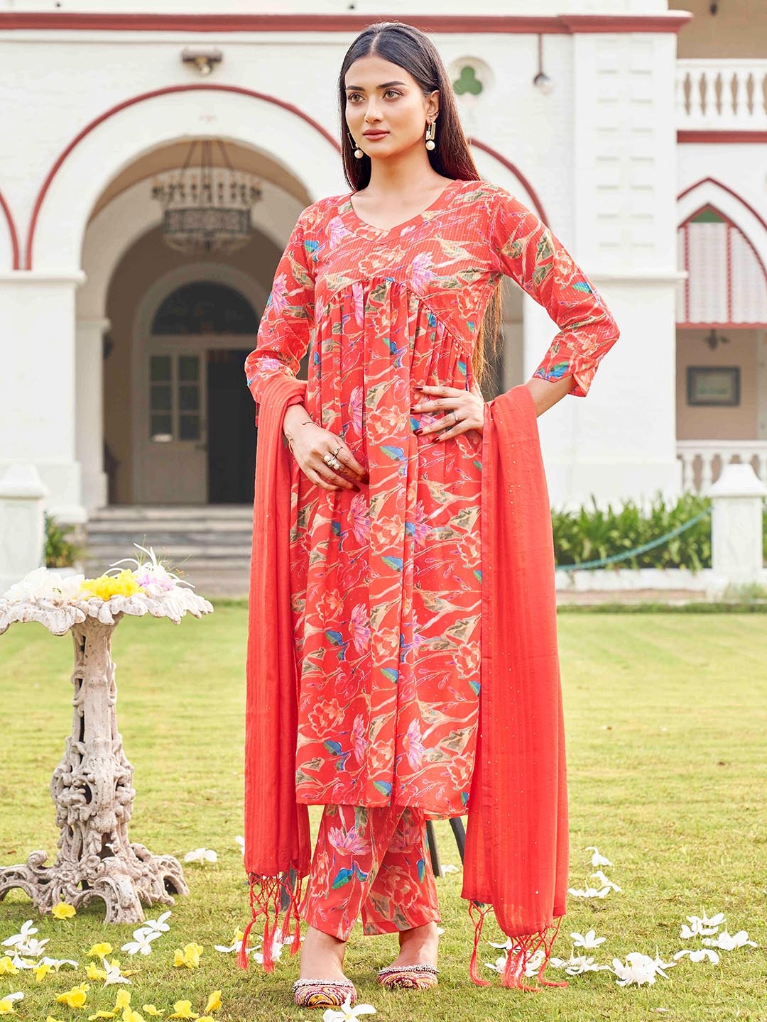

Tikhi Imli Orange Floral Printed Empire Sequinned Kurta with Trousers & With Dupatta