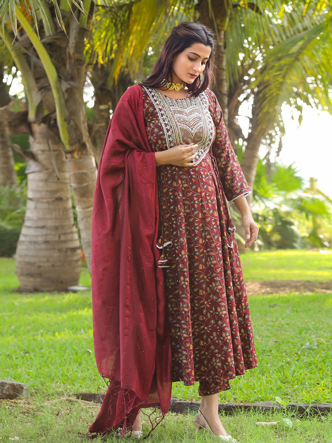 

Tikhi Imli Maroon Floral Printed Anarkali Thread Work Kurta with Trousers & Dupatta
