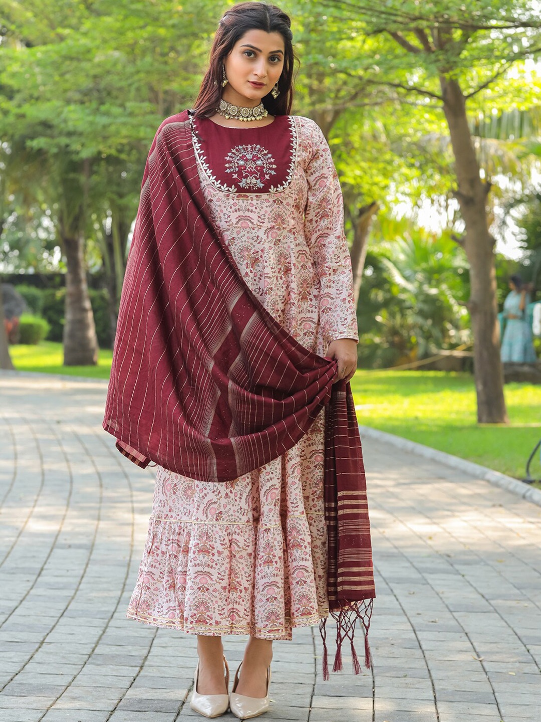 

Tikhi Imli Peach-Coloured Floral Printed Tiered Gotta Patti Kurta with Trousers & Dupatta