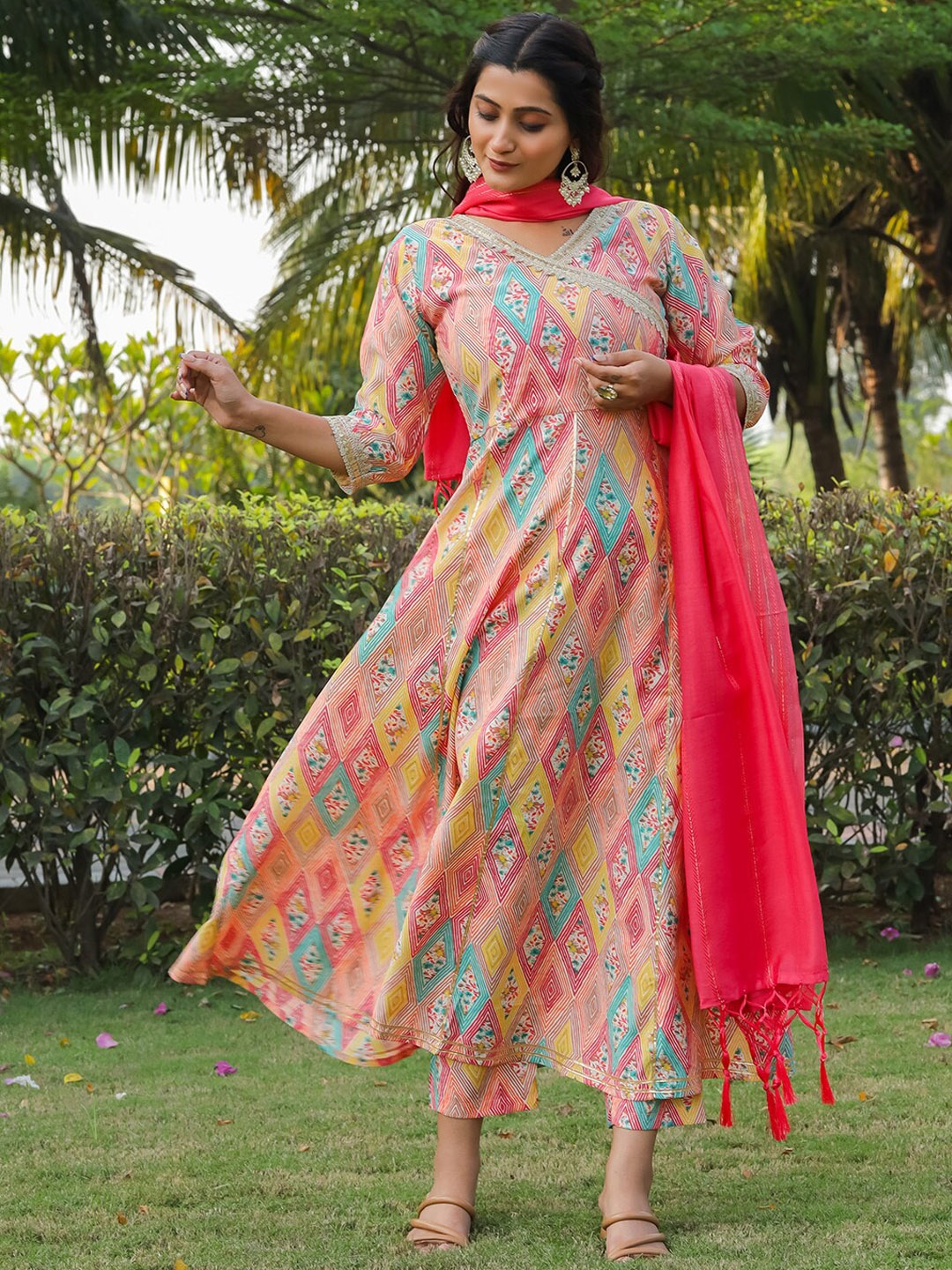 

Tikhi Imli Pink Ethnic Printed Angrakha Sequinned Cotton Kurta with Trousers & Dupatta