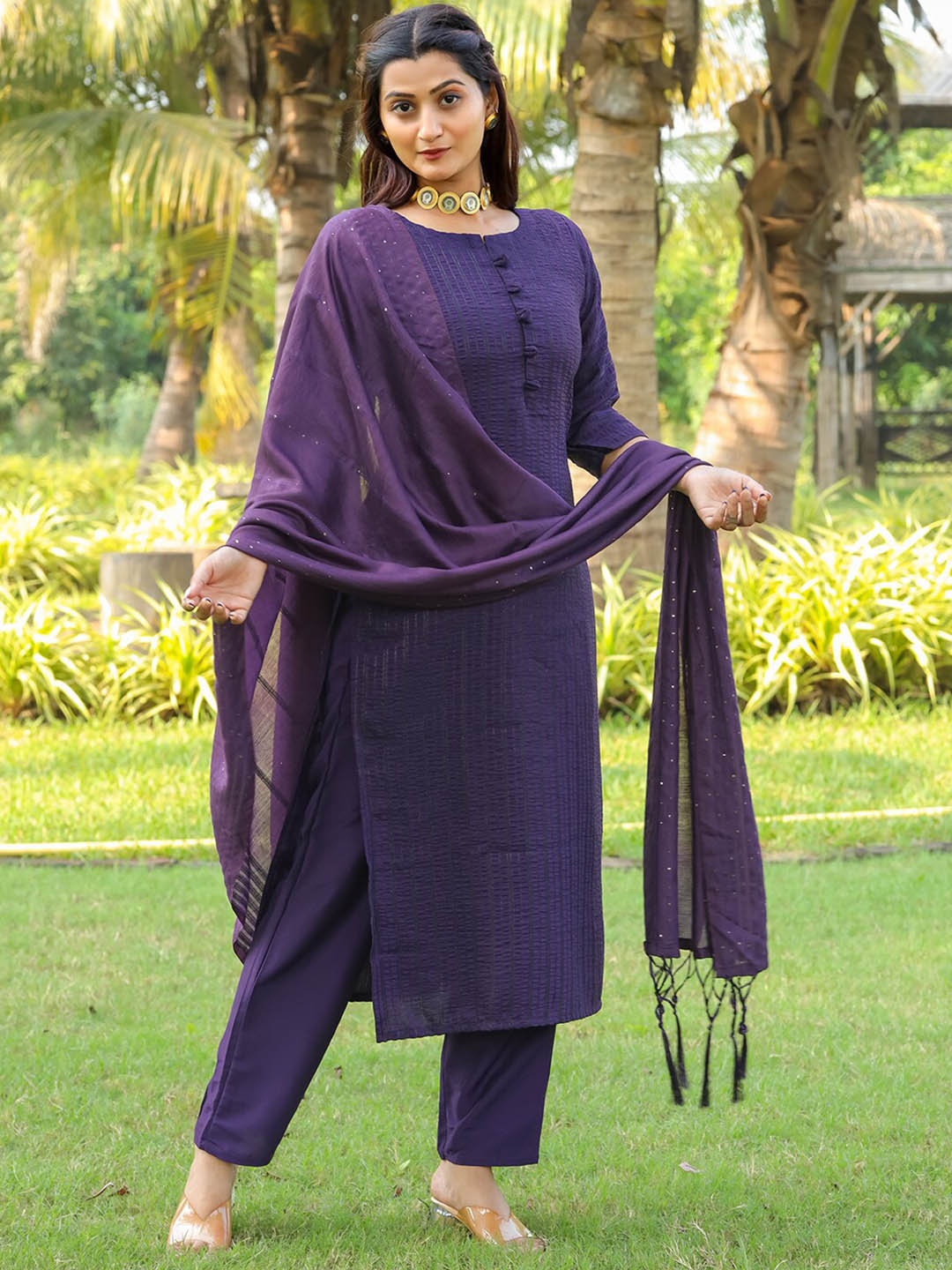 

Tikhi Imli Purple Embroidered Regular Straight Kurta with Trousers & Dupatta