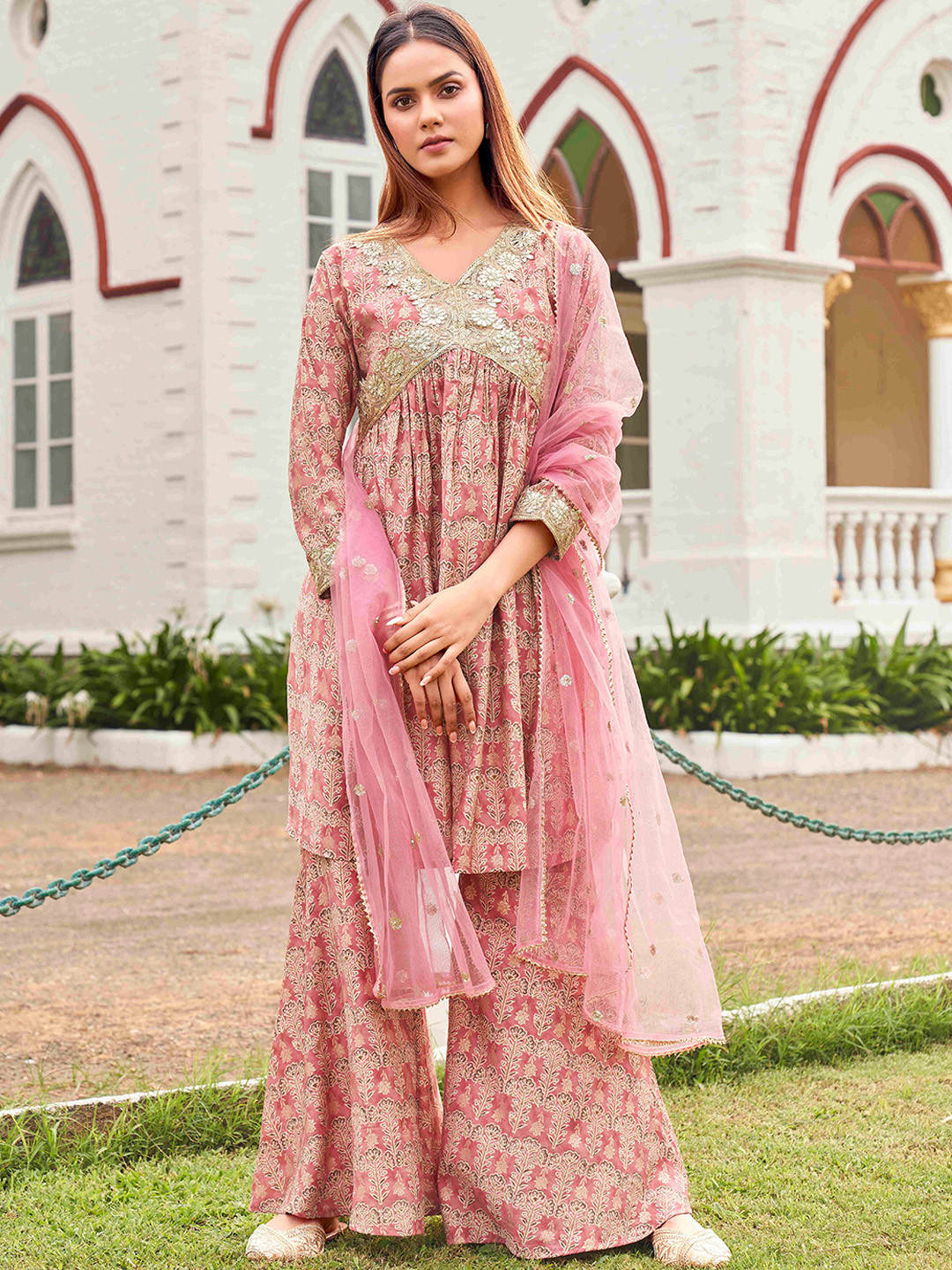 

Tikhi Imli Ethnic Motifs Foil Printed Sequinned Empire A-Line Kurta & Sharara With Dupatta, Pink