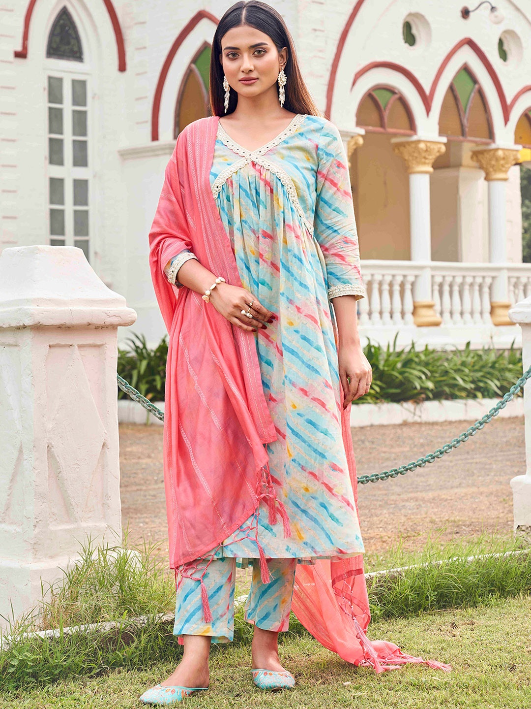 

Tikhi Imli Tie & Dyed Mirror Work Empire A-Line Pure Cotton Kurta & Trouser With Dupatta, Blue