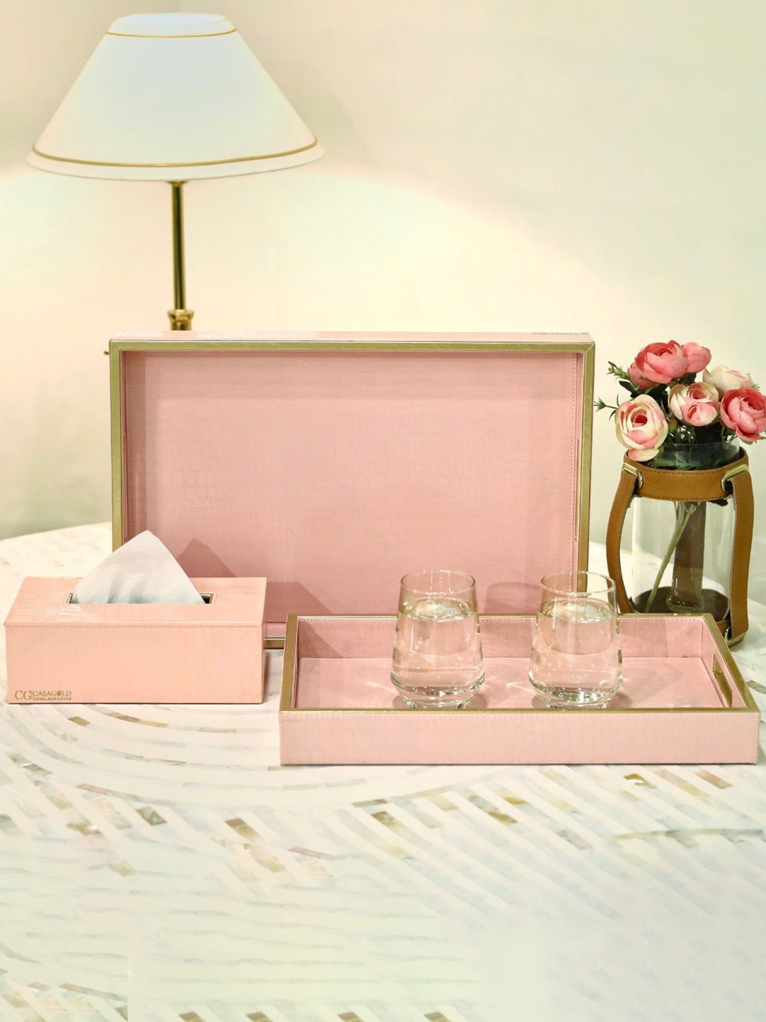

CasaGold Pink 2 Pieces Leather Tray with Tissue Box