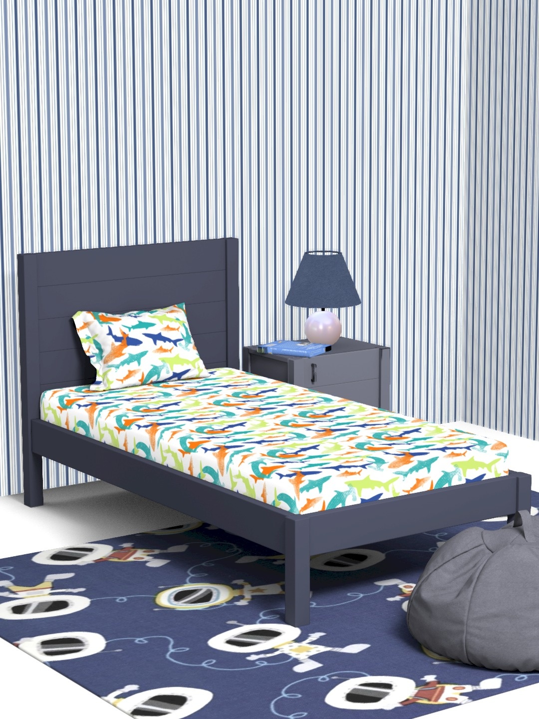 

Himeya White & Blue Conversational Cotton 180 TC Single Bedsheet With 1 Pillow Cover