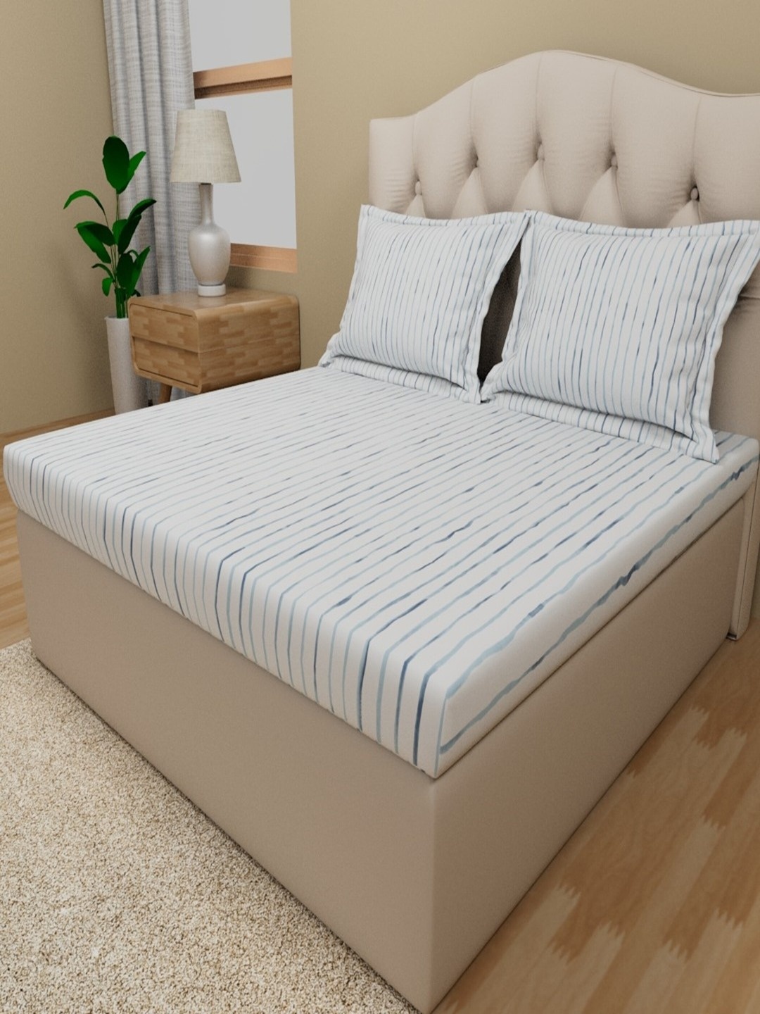 

Himeya Grey & Blue Striped Cotton 180 TC King Bedsheet With 2 Pillow Covers