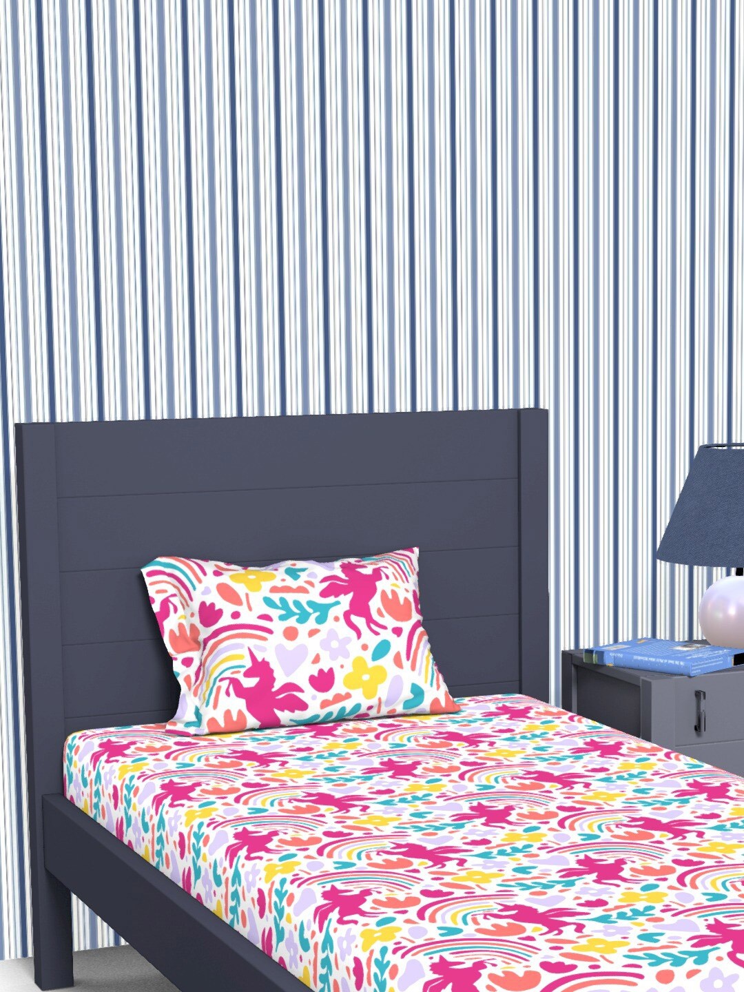 

Himeya White & Pink Graphic Cotton 180 TC Queen Bedsheet With 2 Pillow Covers