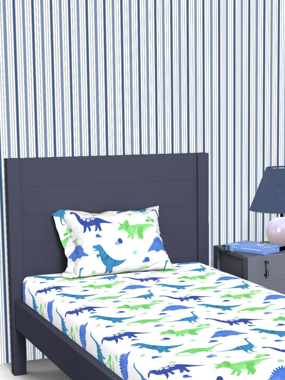 

Himeya White & Blue Conversational Cotton 180 TC Queen Bedsheet With 2 Pillow Covers
