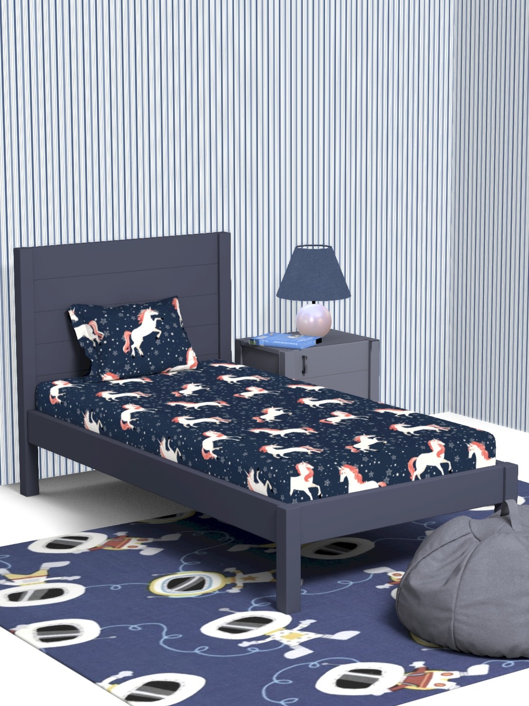 

Himeya Navy Blue Cartoon Characters Cotton 180 TC Single Bedsheet with 1 Pillow Cover