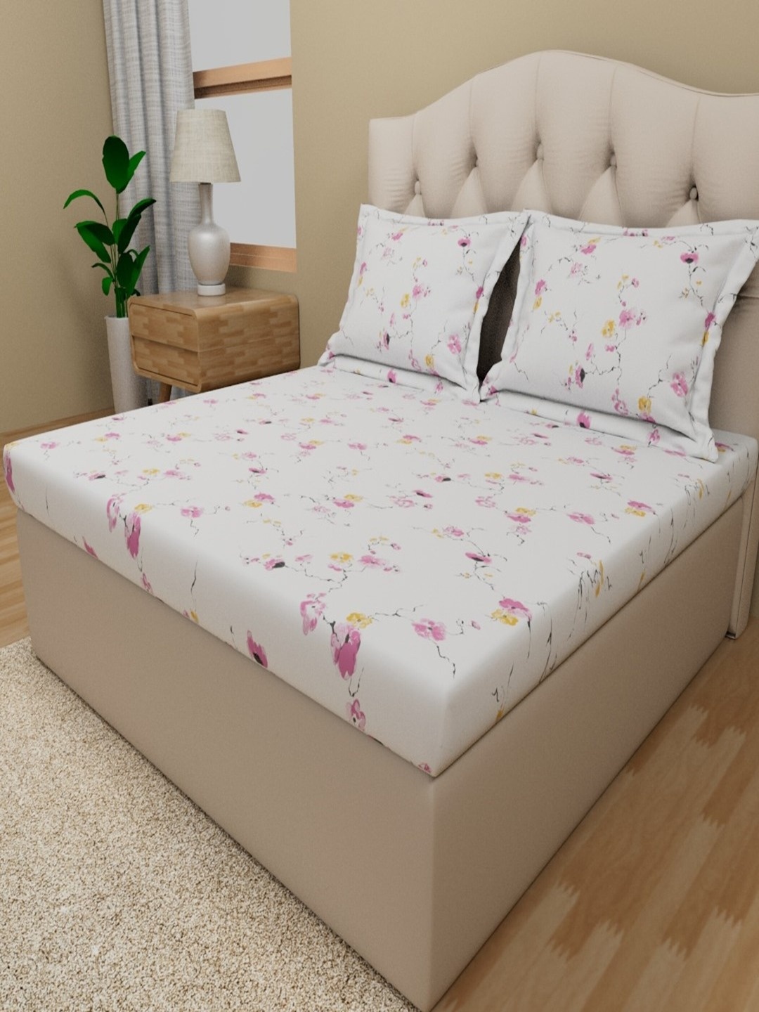 

Himeya Grey & Pink Floral Cotton 180 TC King Bedsheet With 2 Pillow Covers